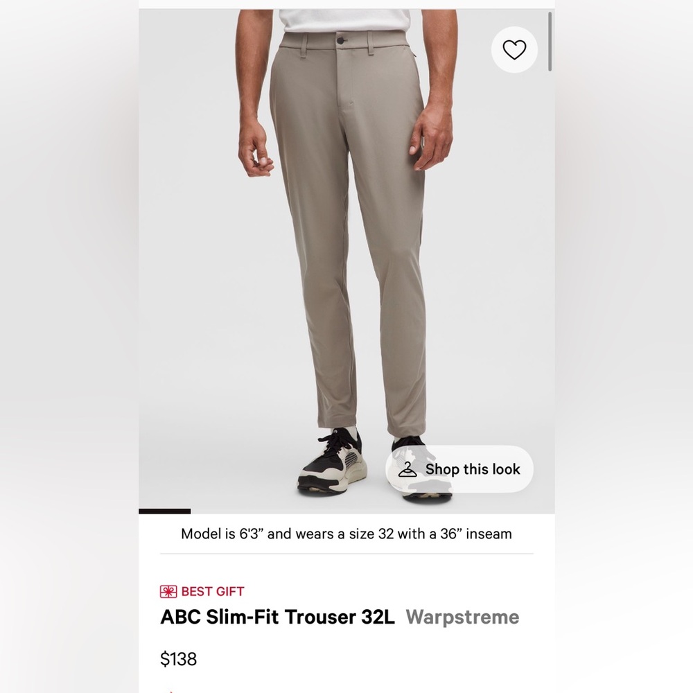 Lululemon Men's ABC Slim-Fit Trouser 32L Warpstreme, Warm Ash Grey